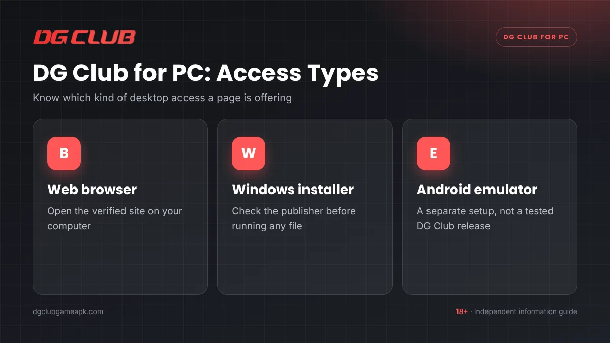 DG Club for PC access options: web browser, Windows installer and Android emulator