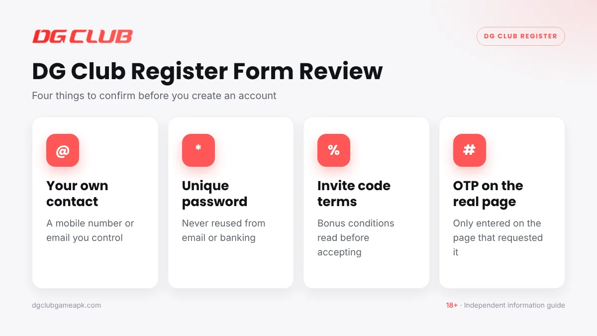 DG Club register form review checklist for contact details, password, invite code and OTP