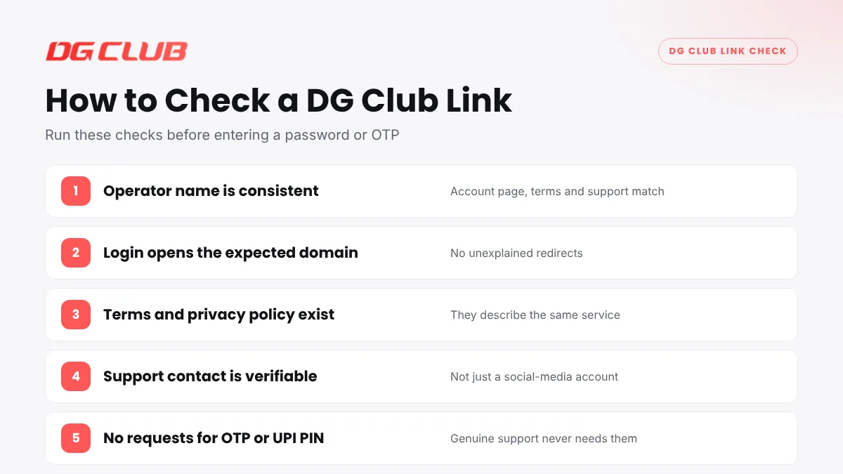 Checklist to verify a genuine DG Club link, website domain and operator